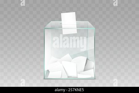 Urne de vote en verre carré remplie de feuilles de papier blanc de vote blanc vierge illustration vectorielle réaliste 3d isolée sur fond transparent. Élections démocratiques ou élément technologique de scrutin confidentiel. Urne en verre avec vecteur de bulletins de vote Illustration de Vecteur