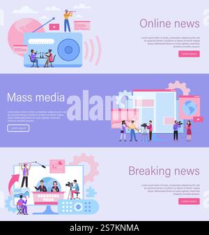 Page d'accueil des journalistes. Bannière de nouvelles en ligne, site Web de médias de masse, contenu de nouvelles de dernière minute. Enregistrement de l'interview avec la caméra. Radio télévision et journal modèle Web numérique, illustration plate vectorielle. Page d'accueil des journalistes. Bannière de nouvelles en ligne, site Web de médias de masse, contenu de nouvelles de dernière minute. Enregistrement de l'interview avec la caméra. Modèle web de radio, de télévision et de journal, illustration plate vectorielle Illustration de Vecteur