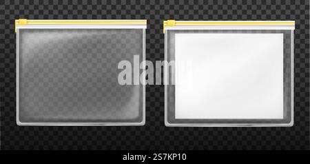 Ensemble de sacs zippés en plastique, poche pochette scellée vide avec fermeture ziplock jaune et feuille blanche isolée sur fond transparent. Maquette d'enveloppe imperméable. Illustration vectorielle 3D réaliste, clip réalisé Jeu de sacs à fermeture éclair en plastique, poche pochette hermétique vide Illustration de Vecteur