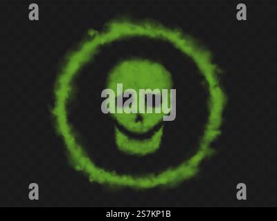 Signe crâne de fumée vert en cercle. Mauvaises odeurs nuages de vapeur toxique chimique ou gaz de puanteur en forme de visage de squelette humain. Symbole d'avertissement danger isolé sur fond transparent. Signe crâne de fumée vert en cercle Illustration de Vecteur