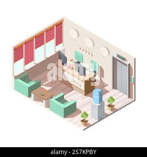 Intérieur isométrique de hall de réception d'hôtel, bureau d'entreprise avec fauteuils et table basse, refroidisseur d'eau, moniteurs d'ordinateur sur le bureau de réceptionniste différentes horloges de fuseaux horaires sur le mur illustration vectorielle 3D. Intérieur isométrique du hall de réception de l'hôtel, bureau Illustration de Vecteur