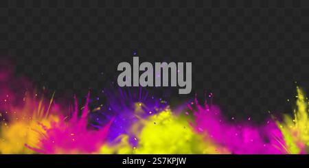 Cadre de peintures Holi en poudre, vecteur de frontière isolé sur fond transparent nuage d'explosion coloré, éclaboussure d'encre, colorant vibrant décoratif pour le festival, vacances indiennes traditionnelles. Illustration réaliste. Cadre de peinture Holi en poudre, bordure solée Illustration de Vecteur