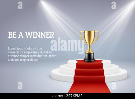 Décerner le podium avec le trophée. Étape ronde gratifiante pour le vainqueur de sport ou de compitetion d'affaires dans les projecteurs sur l'image 3D vectorielle de plate-forme. Décerner le podium avec le trophée. Étape ronde de récompense pour le gagnant de sport ou de compitetion d'affaires dans l'image 3D vectorielle de lumières Illustration de Vecteur