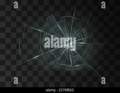 Verre brisé. Trou de destruction de texture de fenêtre fissuré dans le verre endommagé transparent sur fond à damier foncé. illustration vectorielle réaliste 3d. Verre brisé. Trou de destruction de texture de fenêtre fissuré dans le verre transparent endommagé Illustration de Vecteur