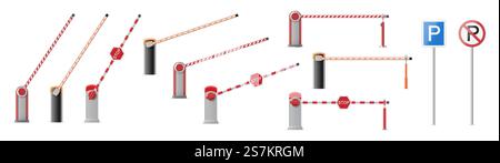 Ensemble de porte de barrière de voiture de stationnement ouverte et fermée avec des panneaux d'arrêt et de stationnement isolés sur fond blanc. Bordure d'arrêt de la rue. illustration vectorielle 3d. Ensemble de porte de barrière de voiture de stationnement ouverte et fermée avec des panneaux d'arrêt et de stationnement isolés sur fond blanc Illustration de Vecteur