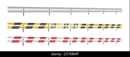 Barrages routiers et barrières mis en place pour autoroute fermée et mise en garde contre le danger dans la rue. Modèle coloré de clôtures métalliques isolé sur fond blanc. illustration vectorielle 3d. Barrages routiers et barrières mis en place pour autoroute fermée et mise en garde contre le danger dans la rue Illustration de Vecteur