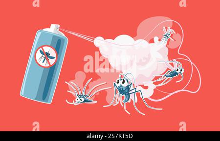 Spray anti moustiques. Moustiques effrayés et morts, nuage de poison insecticide pulvérisé et illustration vectorielle de dessin animé de bouteille de pulvérisation de protection contre les insectes d'été. Anti spray insecte, anti-moustique. Spray anti moustiques. Moustiques effrayés et morts, nuage de poison insecticide pulvérisé et illustration vectorielle de dessin animé de bouteille de pulvérisation de protection contre les insectes d'été Illustration de Vecteur