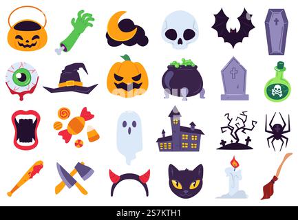 Icônes d'Halloween. Symboles de vacances, lune et araignée, citrouille, fantôme et chauve-souris. Bonbons, crâne et pierre tombale, bougie, ensemble vecteur plat de balai. Décoration effrayante pour l'événement d'horreur comme couteau, chauve-souris avec du sang. Icônes d'Halloween. Symboles de vacances, lune et araignée, citrouille, fantôme et chauve-souris. Bonbons, crâne et pierre tombale, bougie, balai vecteur plat se Illustration de Vecteur
