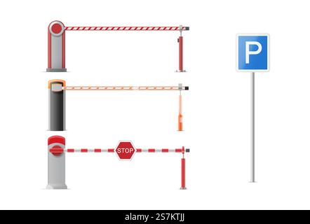 Ensemble de barrière de voiture de stationnement fermée avec des panneaux d'arrêt et de stationnement et des panneaux d'entrée interdite isolés sur fond blanc. Bordure d'arrêt de la rue. illustration vectorielle 3d. Ensemble de barrière de parking fermé avec des panneaux d'arrêt et de stationnement et des panneaux d'entrée interdite Illustration de Vecteur