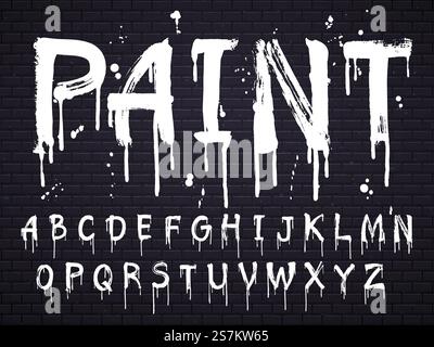 Peinture goutte à goutte police de peinture pour l'alphabet latin isolé sur fond sombre avec des briques. Lettres anglaises à l'huile blanche. Texte de signe abc peint humide avec des éclaboussures, illustration vectorielle de concept de calligraphie. Peinture goutte à goutte police de peinture pour l'alphabet latin isolé sur fond sombre avec des briques. Lettres d'huile blanches Illustration de Vecteur