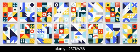 Arrière-plans géométriques abstraits. Neo geo pattern, ensemble d'illustration vectorielle graphique rétro minimaliste d'affiche. Motif abstrait tendance avec carré et rond de couleur. Arrière-plans géométriques abstraits. Neo geo pattern, ensemble d'illustration vectorielle graphique rétro minimaliste d'affiche Illustration de Vecteur