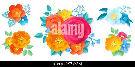 Bouquets d'art en papier. Roses origami, fleurs sauvages et feuilles beau bouquet de mariée. décoration 3d nature. Ensemble de vecteur de concept floral de printemps. Bouquet lumineux de fleurs. Blossom pour la décoration. Bouquets d'art en papier. Roses origami, fleurs sauvages et feuilles beau bouquet de mariée. décoration 3d nature. Ensemble de vecteur de concept floral de printemps Illustration de Vecteur