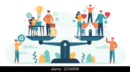 Maison et travail sur balances. Femme et homme équilibrant famille et carrière. Les gens d'affaires comparent l'amour, les enfants, le travail. Concept de vecteur de vie d'équilibre. Illustration comparaison finance comparer famille. Maison et travail sur balances. Femme et homme équilibrant famille et carrière. Les gens d'affaires comparent l'amour, les enfants, le travail. Concept de vecteur de vie d'équilibre Illustration de Vecteur