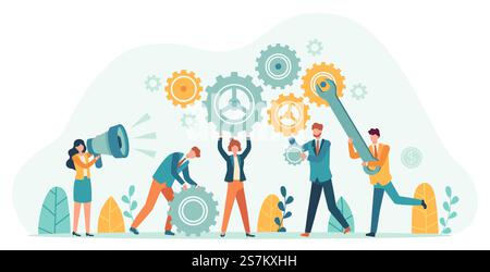 Hommes d'affaires avec des engrenages. L'équipe d'employés crée un mécanisme avec des rouages, le gestionnaire avec un mégaphone. Concept de vecteur de motivation de travail d'équipe de petite personne. L'idée d'un employé de bureau travaillant de manière productive. Hommes d'affaires avec des engrenages. L'équipe d'employés crée un mécanisme avec des rouages, le gestionnaire avec un mégaphone. Concept de vecteur de motivation de travail d'équipe de petite personne Illustration de Vecteur