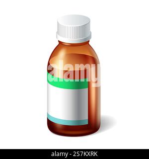 Flacon médical 3d. Maquette réaliste de flacon en verre pour médicaments liquides ou pilules médicamenteuses. Pot en verre avec étiquette vide pour vitamines ou sirop contre la toux. Illustration vectorielle. Flacon médical 3d. Maquette réaliste de flacon en verre pour médicaments liquides ou pilules médicamenteuses Illustration de Vecteur