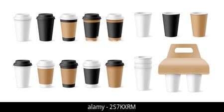Ensemble de gobelets en papier modèle ouverts, fermés avec des couvercles en plastique, dans des manchons d'artisanat et des supports isolés. Mugs à emporter réalistes vides pour l'image de marque et l'étiquette de café. illustration vectorielle 3d. Ensemble de gobelets en papier modèle ouverts, fermés avec des couvercles en plastique, dans des manchons d'artisanat et des supports isolés Illustration de Vecteur