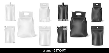 Ensemble de paquets de nourriture de modèle, doy packs, sacs debout et pochettes zippées isolés sur fond blanc. sachets de maquette vierge 3d en plastique ou en papier modifiables pour la marque. Illustration vectorielle. Ensemble de paquets de nourriture de modèle, doy packs, sacs debout et pochettes zippées isolés sur fond blanc Illustration de Vecteur