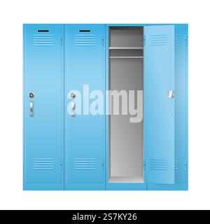 Casiers scolaires et de gymnastique, boîtes en métal réalistes pour le stockage des effets personnels. Armoires fermées et ouvertes avec serrures à combinaison de code. illustration vectorielle 3d. Casiers scolaires et de gymnastique, boîtes en métal réalistes pour le stockage des effets personnels Illustration de Vecteur