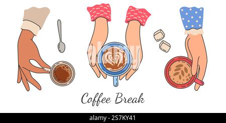 Mains tenant des tasses à café. Vue de dessus de la tasse de main féminine avec boisson chaude du matin, latte et expresso. Femmes amis rencontrant l'affiche vectorielle. Illustration main féminine avec tasse à café. Mains tenant des tasses à café. Vue de dessus de la tasse de main féminine avec boisson chaude du matin, latte et expresso. Femmes amis rencontrant l'affiche vectorielle Illustration de Vecteur