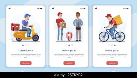 Modèle pour la page de l'application mobile avec le thème de livraison. Personnages de vecteur de dessin animé plat courrier rapide, conducteur de cyclomoteur, promenades cyclistes sur la route. l'homme de livraison donne la boîte au client et reçoit le colis.. Modèle pour la page de l'application mobile avec le thème de livraison. Caricatures plates coursier rapide, conducteur de cyclomoteur, cycliste roule sur la route l'homme de livraison donne la boîte et la réception du colis Illustration de Vecteur