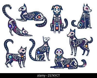Animaux de jour. Dia de los muertos, crânes de chats et de chiens, squelettes décorés de fleurs, symboles vectoriels de vacances latins traditionnels mexicains. Jour des morts, animaux avec des os et fleur pour la fête. Animaux de jour. Dia de los muertos, crânes de chats et de chiens, squelettes décorés de fleurs, symboles vectoriels de vacances latins traditionnels mexicains Illustration de Vecteur