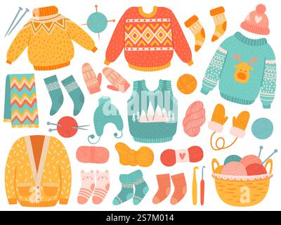 Vêtements tricotés d'hiver. Vêtements en laine faits à la main et outils à tricoter, chandails, chaussettes, chapeaux et moufles, foulards, jeu de vecteurs d'aiguilles et de fils. Accessoires de laine de mode, fournitures comme crochet. Vêtements tricotés d'hiver. Vêtements en laine faits à la main et outils à tricoter, chandails, chaussettes, chapeaux et moufles, foulards, jeu de vecteurs d'aiguilles et de fils Illustration de Vecteur