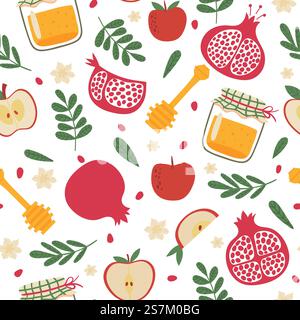 Shana tova modèle sans couture. Nouvel an juif rosh hashanah, tuile répétée. Symboles de vacances grenade, pommes et texture vectorielle de pot de miel. Pot en verre avec trempette de miel, fruits et feuilles de plantes. Shana tova modèle sans couture. Nouvel an juif rosh hashanah, tuile répétée. Symboles de vacances grenade, pommes et texture vectorielle de pot de miel Illustration de Vecteur