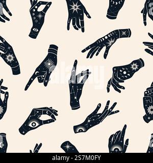 Vecteur modèle sans couture de mains avec des signes yeux magiques, constellations, soleil, phases de lune et étoiles. Fond mystique ésotérique tendance pour la conception de tissu, emballage, étui de téléphone, couvertures de carnet, astrologie, papier d'emballage. Illustration de Vecteur