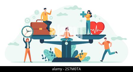 Santé et travail à grande échelle. Les gens équilibrent travail, argent et sommeil. Comparaison stress professionnel et vie saine. Concept de vecteur d'employés minuscules. Mesure égalité santé et illustration du travail. Santé et travail à grande échelle. Les gens équilibrent travail, argent et sommeil. Comparaison stress professionnel et vie saine. Concept de vecteur d'employés minuscules Illustration de Vecteur