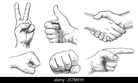 Gestes dessinés à la main. Doigt pointeur, poing fort et punch. Poignée de main, pouce vers le haut comme et triompher ensemble d'illustration vectorielle de geste de victoire. Signaux manuels gravés et signes de communication. Gestes dessinés à la main. Doigt pointeur, poing fort et punch. Poignée de main, pouce vers le haut comme et triompher ensemble d'illustration vectorielle de geste de victoire Illustration de Vecteur