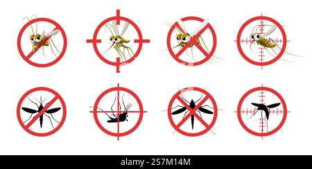 Signe anti-moustique. Informationnel rouge interdit cible de moustique, signalant arrêter mouche mouche dangereuse infection, soins d'assainissement. Ensemble de vecteur d'anti-insecte, d'arrêt parasitaire, de moustique et d'illustration de gnat. Signe anti-moustique. Informationnel rouge interdit cible de moustique, signalant arrêter mouche mouche dangereuse infection, soins d'assainissement. Ensemble de vecteurs Illustration de Vecteur
