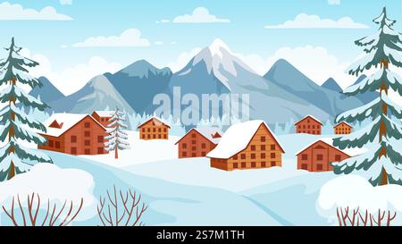 Montagne d'hiver avec chalets. Maisons dans le pic alpin enneigé pour les vacances d'hiver. Paysage de bande dessinée du vecteur de station de ski. Chalet de montagne dans la neige alpine, illustration de vacances d'hiver. Montagne d'hiver avec chalets. Maisons dans les sommets alpins enneigés pour vacances d'hiver. Paysage de dessin animé du concept de vecteur de station de ski Illustration de Vecteur