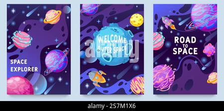 Affiches pour enfants Fantasy Planets. Objets cosmiques multicolores, conception de monde de galaxie spatiale pour flyer, magazine, affiche ou ensemble vectoriel de couverture de livre. Bienvenue dans l'espace extra-atmosphérique, exploration sur fusée ou vaisseau spatial. Affiches pour enfants Fantasy Planets. Objets cosmiques multicolores, conception de monde de galaxie spatiale pour flyer, magazine, affiche ou ensemble vectoriel de couverture de livre Illustration de Vecteur