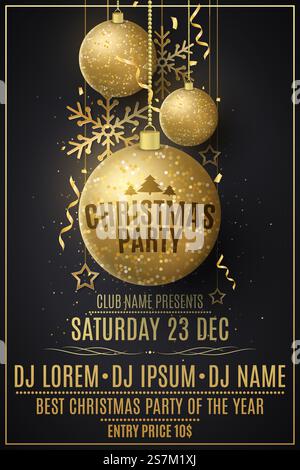 Modèle de flyer de fête de Noël. Décorations à partir de boules dorées scintillantes, étoiles, flocons de neige. Confettis festifs et guirlandes. Affiche pour votre club. Noms de DJ. Illustration vectorielle. SPE 10. Modèle de flyer de fête de Noël. Décorations à partir de boules dorées scintillantes, étoiles, flocons de neige. Confettis festifs et guirlandes. Affiche pour votre club. Noms de DJ. Illustration vectorielle Illustration de Vecteur