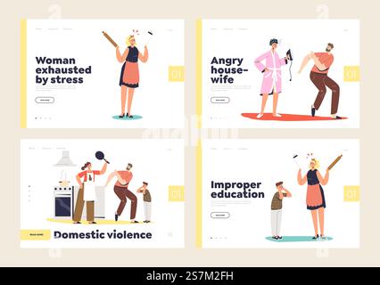 Violence domestique et enfants à la maison concept de harcèlement d'ensemble de pages d'atterrissage avec femme et mari se disputant, mère en colère criant sur enfant. Arrêtez l'intimidation familiale. Illustration vectorielle plate de dessin animé. Violence domestique, harcèlement des enfants à la maison concept d'ensemble de page d'atterrissage avec femme et mari se disputant Illustration de Vecteur