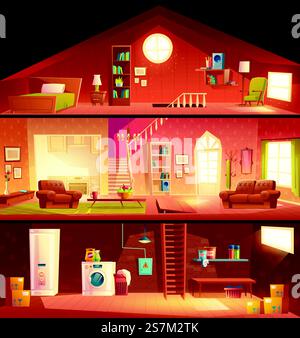 Maison à étages ou cottage section transversale de bâtiment de dessin animé intérieurs avec buanderie au sous-sol, salon ou hall confortable et ensoleillé, cuisine studio, chambre confortable sur illustration grenier. Vecteur de dessin animé d'intérieurs de section transversale de maison Illustration de Vecteur