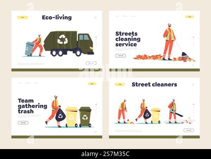 Nettoyeurs de rue, collecteurs de déchets et concierges. Ensemble de modèles de pages de destination avec des personnes travaillant sur le nettoyage de la rue et de la route. Illustration vectorielle plate de dessin animé. Nettoyeurs de rue, collecteurs de déchets et travailleurs de conciergerie ensemble de modèles de pages de destination Illustration de Vecteur