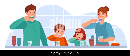 Brossez les dents de la famille. Parents et enfants se brossant les dents ensemble dans la salle de bains. Hygiène buccale parentale parentale, concept vecteur de soins dentaires. Mère, père et enfants avec brosse à dents et pâte. Brossez les dents de la famille. Parents et enfants se brossant les dents ensemble dans la salle de bains. Hygiène buccale parentale parentale, concept vecteur de soins dentaires Illustration de Vecteur