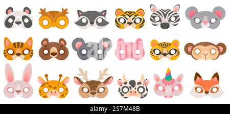 Masque pour animaux. Accessoires de cabine photo, ours panda et zèbre, tigre et cochon, koala et vache, licorne et singe, ensemble vectoriel de masques de zoo de carnaval hibou. Carnaval de cabine d'illustration, costume d'accessoires de dessin animé. Masque pour animaux. Accessoires de cabine photo, ours panda et zèbre, tigre et cochon, koala et vache, licorne et singe, ensemble vectoriel de masques de zoo de carnaval hibou Illustration de Vecteur