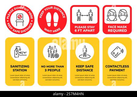 Signalisation de distanciation sociale. Veuillez conserver l'affiche de distance pour le magasin ou le transport. Masque requis, ne pas s'asseoir ici et jeu de vecteur de signe de paiement par carte. Station de désinfection, avertissement d'empreinte sur un autocollant rond. Signalisation de distanciation sociale. Veuillez conserver l'affiche de distance pour le magasin ou le transport. Masque requis, ne pas s'asseoir ici et jeu de vecteur de signe de paiement par carte Illustration de Vecteur