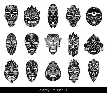 Masque d'idole. Totem rituel tahitien monochrome noir hawaii tiki, culture traditionnelle exotique mythologie antique, masques vectoriels d'ornement ethnique. Masque cérémoniel tribal africain façonné d'après le visage humain. Masque d'idole. Totem rituel tahitien monochrome noir hawaii tiki, culture traditionnelle exotique mythologie antique, masques vectoriels d'ornement ethnique Illustration de Vecteur