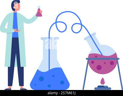 Scientifique en chimie avec des équipements de laboratoire scientifique faisant des expériences. Fiole chauffante avec liquide, transportant à travers le tube. Travailleur de laboratoire en manteau blanc faisant l'illustration vectorielle de recherche. Scientifique en chimie avec des équipements de laboratoire scientifique faisant des expériences. Flacon chauffant avec liquide pour la recherche Illustration de Vecteur