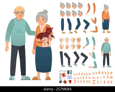 Constructeur de personnages de grands-parents. Kit de création avec différentes émotions faciales, gestes de la main et accessoires. Illustration vectorielle personnalisée de jeu d'animation grand-mère et grand-père. Constructeur de personnages de grands-parents. Kit de création avec différentes émotions faciales, gestes de la main et accessoire Illustration de Vecteur