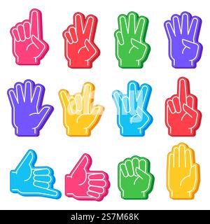 Doigts en mousse. Main de fan de sport avec un geste différent. Chiffres, signe OK et poing, paume ouverte. Ensemble de vecteur souvenir de victoire de soutien de l'équipe de stade. Encourager l'équipe sportive préférée, pouce vers le haut et signe grossier. Doigts en mousse. Main de fan de sport avec un geste différent. Chiffres, signe OK et poing, paume ouverte. Ensemble de vecteur souvenir de victoire de soutien de l'équipe de stade Illustration de Vecteur
