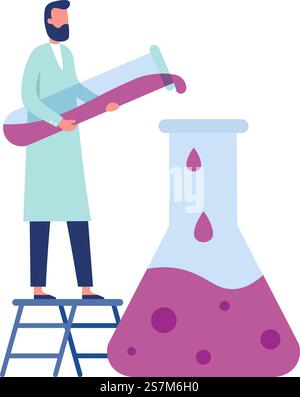 Travailleur de laboratoire de chimie. Homme en blouse blanche faisant des expériences de science clinique avec de l'équipement. Chercheur médical versant le liquide du tube à la grande fiole debout sur l'illustration vectorielle d'échelle. Travailleur de laboratoire de chimie. Homme en manteau blanc faisant des expériences de science clinique avec un équipement comme tube, flacon Illustration de Vecteur
