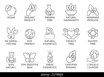 Icône cosmétique biologique. Éco-friendly Cruelty Free Line badges pour les produits de beauté et la nourriture végétalienne. Aucun animal testé, ensemble de vecteurs d'icônes naturelles. Pour les peaux sensibles, collection éthique. Icône cosmétique biologique. Éco-friendly Cruelty Free Line badges pour les produits de beauté et la nourriture végétalienne. Aucun animal testé, ensemble de vecteurs d'icônes naturelles Illustration de Vecteur