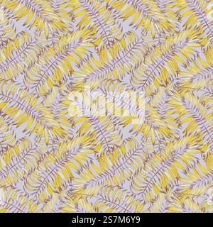 Motif aquarelle sans couture peint à la main avec des feuilles de palmier jaune vif avec des accents violets sur un fond gris clair. Parfait pour tissu, wallp Banque D'Images