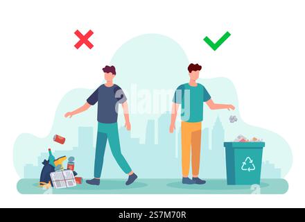 Comportement des déchets. Infographie d'exemples corrects et erronés de jeter des ordures. Illustration d'un homme jetant les ordures dans un conteneur. Recycler les déchets, recycler les déchets environnementaux. Comportement des déchets. Infographie d'exemples corrects et erronés de jeter des ordures. Illustration d'un homme jetant les ordures dans un conteneur Illustration de Vecteur