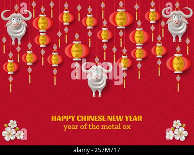 Joyeux fond du nouvel an chinois avec du bœuf en métal blanc créatif, des branches de sakura avec des fleurs et des lanternes suspendues. Modèle de couleur rouge. Illustration vectorielle. Joyeux fond du nouvel an chinois avec boeuf en métal blanc créatif, lanternes suspendues Illustration de Vecteur