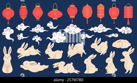 Lapins mi-automne. Éléments de festival traditionnels chinois et vietnamiens dans un style oriental avec des lanternes, des nuages et un jeu de vecteur de lapin drôle. Illustration lapin chinois et lanterne de festival. Lapins mi-automne. Éléments de festival traditionnels chinois et vietnamiens dans un style oriental avec des lanternes, des nuages et un jeu de vecteur de lapin drôle Illustration de Vecteur